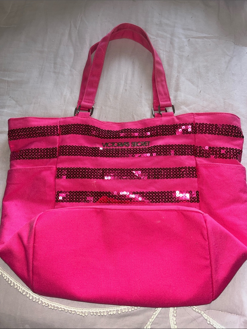 Y2K Victoria's Secret Bright Pink Sequin Stripe Tote with 2 side pockets